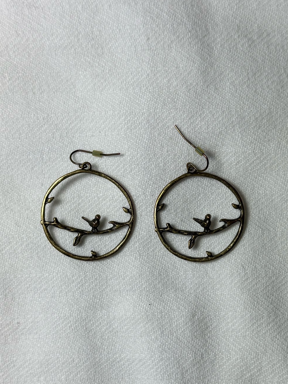 Bird on Branch Pewter Hoop Drop Earrings - Antique Gold